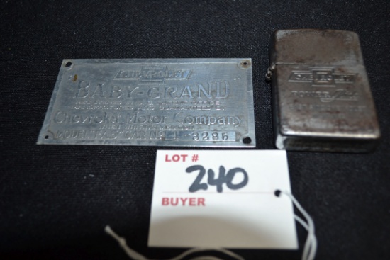 1918 Chevrolet "Baby Grand" Model FA5 Car #13285 Plaque 3-1/2"x2" and Chevrolet Power Glide Lighter