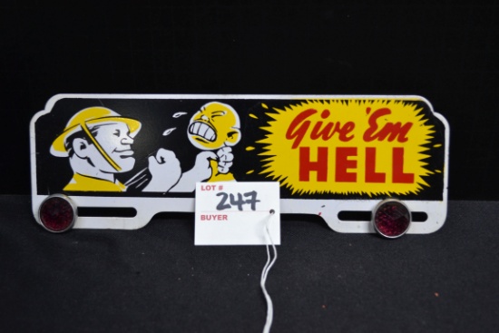 "Give 'em Hell" License Plate Topper w/Purple Jeweled Reflectors; 10"x3"