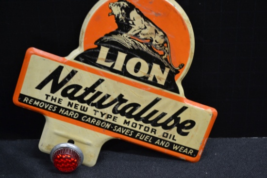 Lion Naturalube Motor Oil License Plate Topper w/Red Jeweled Reflector; 6"x6"