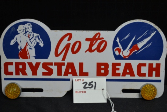 "Go To Crystal Beach" License Plate Topper w/Two Yellow Jeweled Reflectors; 10"x5"