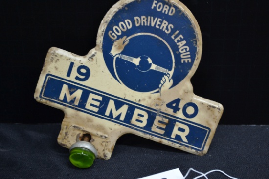 1940 Ford "Good Driver's League" License Plate Topper w/Green Uranium Dome Reflector; 6-1/2"x6-1/2"