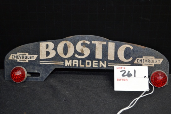 Bostic Malden Chevrolet License Plate Topper w/Two Red Jeweled Reflectors; 10"x3-1/2"
