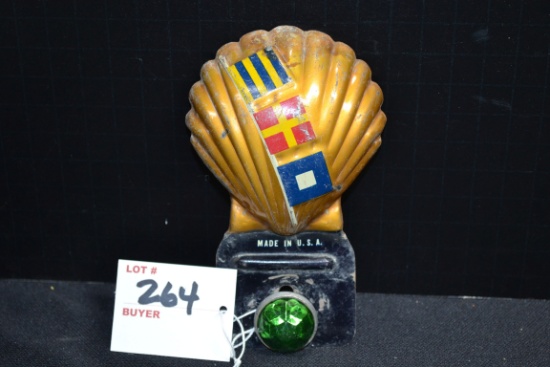 1930s Shell Oil License Plate Topper w/Green Jeweled Reflector; 4"x5-1/2"