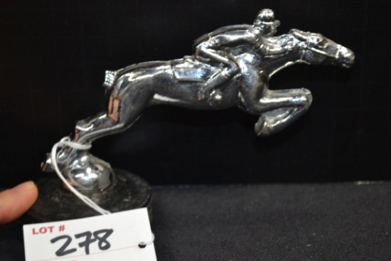 Jockey Riding Horse Radiator Cap/Hood Ornament; Missing Tail; 6"x3-1/2"