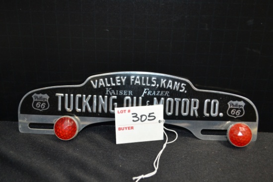 Kaiser Frazer Tucking Oil & Motor Co., Valley Falls, KS, Advertising License Plate Topper w/Red Plas
