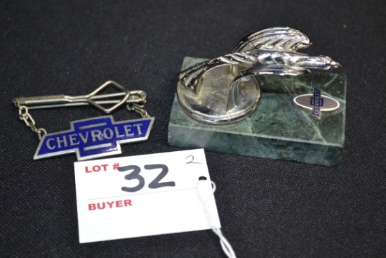 Chevrolet Flying Eagle Mounted on Green Marble Mini Paperweight 2-3/4"x1-1/2" and Chevrolet Tie Tack