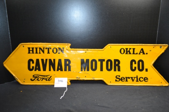 Cavnar Motor Co., Hinton, OK, Ford Service Tin Arrow Sign; 26"x7"