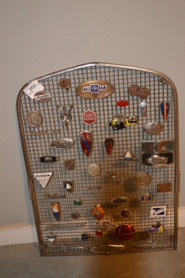 Car Grill w/Large Assortment of Car/Truck Grill Badges including Ford, Buick, Chevrolet, Hudson, Stu
