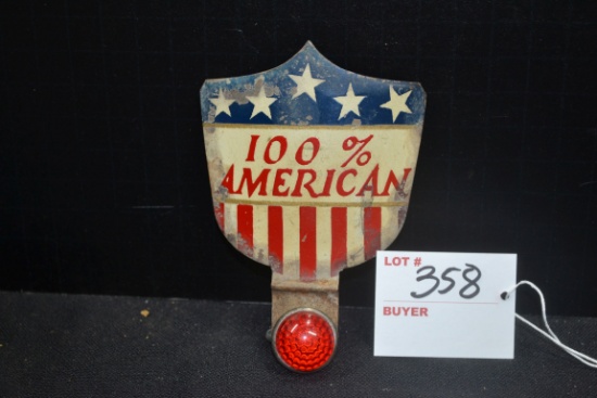 "100% American" License Plate Topper w/Red Reflector; 4"x3"