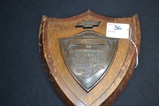 Chevrolet August 1935 "A Distinguished Chevrolet Sales Record" Sales Award for K. Dagley