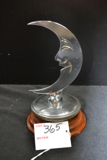 Smiling Moon Radiator Cap/Hood Ornament Mounted on Wood Base; 6-1/2"x3-1/2"