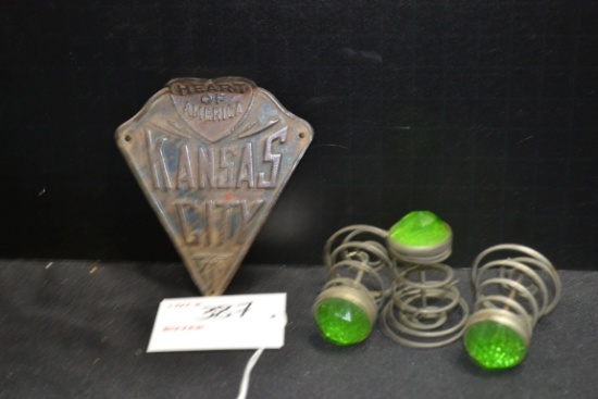 "Heart of America", Kansas City, MO, Pressed Tin Grill Badge and 3 Green Uranium Spring Reflectors