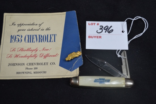 1953 Chevrolet Tie Tack on Original Card and Chevrolet Pocket Knife/Key