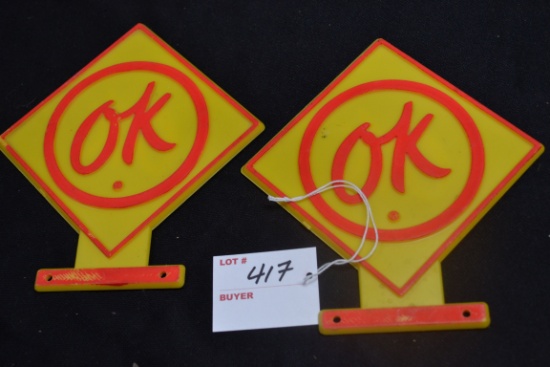 Pair of "OK" Double-Sided Hard Plastic Display Signs; 5-1/2"x6-1/2"