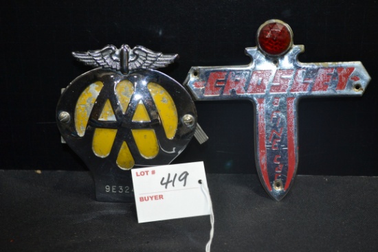 AA Car Badge w/Porcelain Back and Crosley "A Fine Car" Badge 4-1/2"x5"