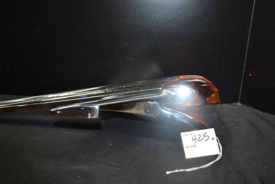1950 Pontiac Indian Chief Hood Ornament w/Orange Lucite Face; 19"x7"; Has Pitting