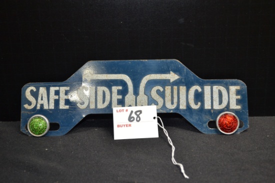"Safe Side - Suicide" Metal License Plate Topper w/Jeweled Reflectors; 10"x3-1/2"