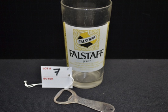 Falstaff Pint Beer Glass and Pabst Blue Ribbon Bottle Opener