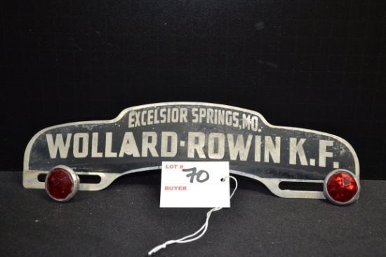 Wollard-Rowan K.F., Excelsior Springs, Missouri, License Plate Topper w/Jeweled Reflectors; 10"x2-1/