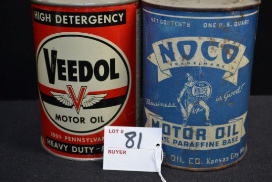 Pair of Motor Oil Quart-Size Cans including Veedol (Full) and Noco (Can Only)
