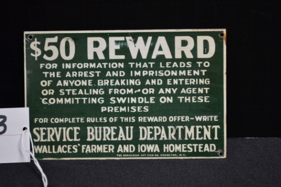 Wallaces' Farmer and Iowa Homestead Service Bureau Department "$50 REWARD" Metal Sign; 5-1/2"x3-1/2"