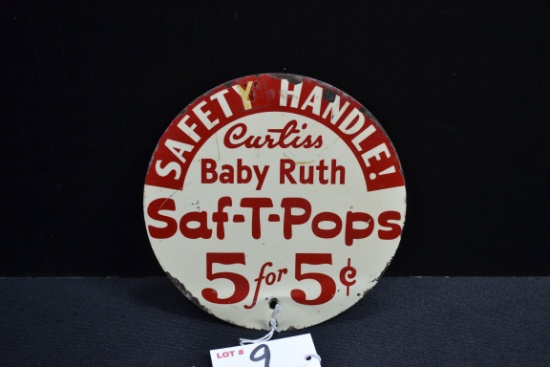 Curtiss Baby Ruth Saf-T-Pops Double-Sided Candy Dispenser Topper Advertising Sign; 5" Diameter