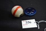 Hard Blue Plastic and White/Orange Swirl Slag (Has Chip) Shift Knobs