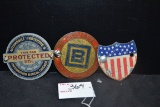 Group of 3 Badges including 1925 Automobile Protective and Information Bureau, Be Square to Your Mot