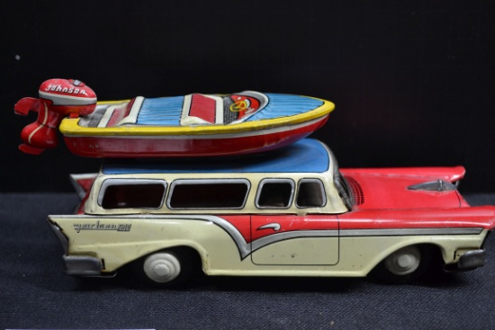 Ford Fairlane 500 Pressed tin Station Wagon and Attached Johnson Boat; 6"x2-1/2"; Made in Japan; Nic