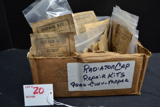 Group of Radiator Cap Repair Kits including Ford, DeSoto, Plymouth, and Chevrolet; NOS