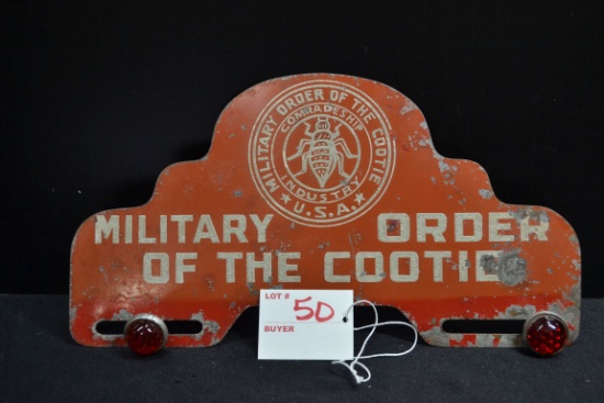 "Military Order of the Cootie" Metal License Plate Topper w/Red Glass Reflectors