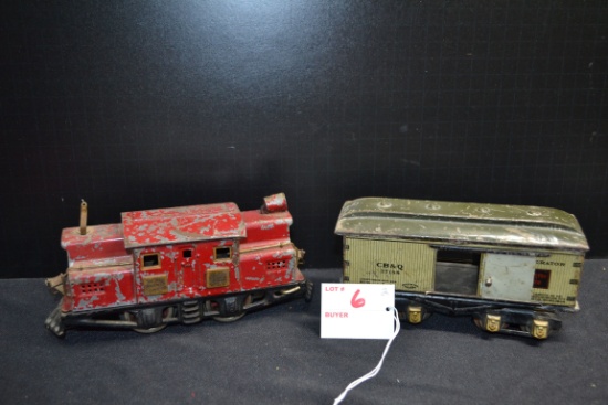 Ives Toys Electric Train Engine Motor 3251 and Ives Toys Burlington Route CB&Q Tin Refrigeration Car