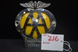 AA Car Badge No. 0R28831; Metal w/Yellow Porcelain Back; 4-1/2