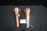 Pair of 1927 Iridescent Marigold Carnival Glass Crackle Pattern Car Bud Vases w/One Bracket; 7