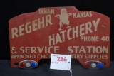Regehr Hatchery & Service Station, Inman, KS, License Plate Topper w/Red, White, and Blue Reflectors