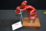 1920s Cast Aluminum Red Devil Hood Ornament Mounted on Wood Base; 4-1/2