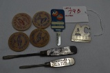 Group of Advertising Screw Drivers, Wooden Nickels, and AC Spark Plug Grip Tool