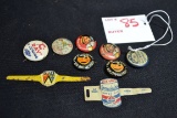 Group of Tin Advertising Buttons including Permalube, Chevrolet, and Pontiac