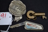Chrysler Grill Emblem, Brass Adlake Key, and Studebaker Starliner Key