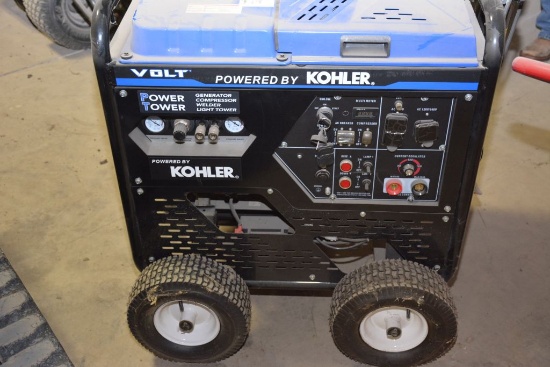 Volt Power Tower, 5500W 120/240V Generator 23amp, 5gal 120psi 26gpm Compressor, 180amp Welder, Light
