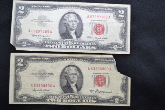 2 - Red Seal Two Dollar Bills including 1953-A (Ripped Right TOp Corner) and 1963 (Ripped Left Botto