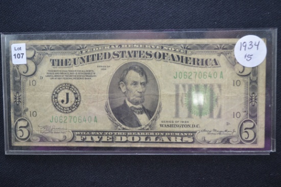 1934 Federal Reserve Five Dollar Note
