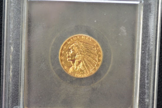 1908-P Indian Head 2-1/2 Dollar Gold Coin; AU-58