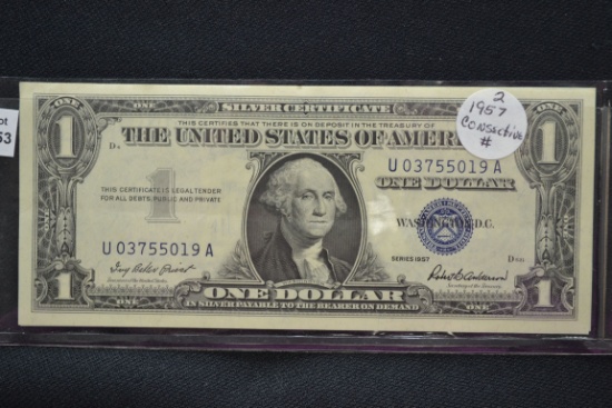 2 - 1957 One Dollar Silver Certificates w/Consecutive Serial Numbers; 2xBID