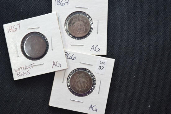 3 - Shield Nickels including 1866, 1867, and 1869; 3xBID