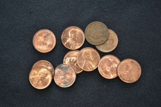 Group of 10 - Unc. Wheat Cents and One Indian Head Cent