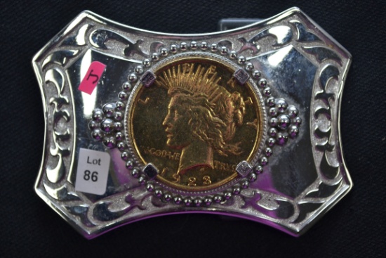 Gold-Plated 1923 Peace Dollar in Belt Buckle