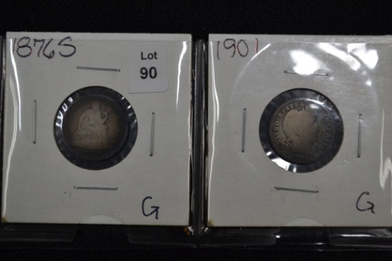 Group of 2 Coins including 1876-S Seated Liberty Dime and 1901 Barber Dime
