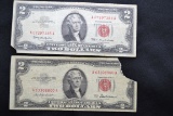 2 - Red Seal Two Dollar Bills including 1953-A (Ripped Right TOp Corner) and 1963 (Ripped Left Botto