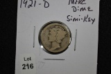 1921-D Mercury Dime; Semi-Key Date; VG